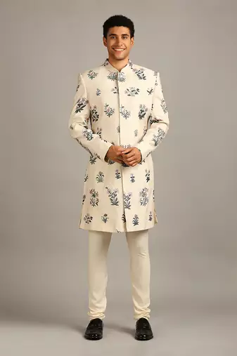 Beige Pastel Floral Printed Sherwani Set