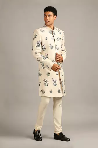 Beige Pastel Floral Printed Sherwani Set
