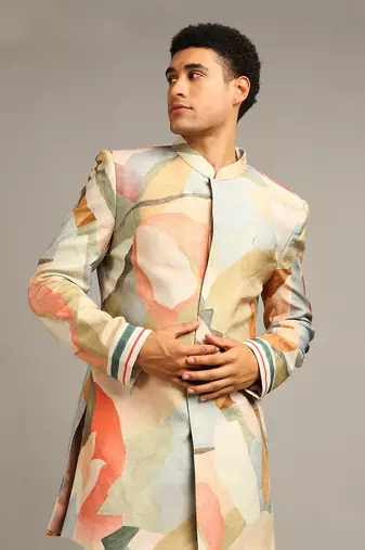 Multi Colour Conversational Printed Sherwani Set