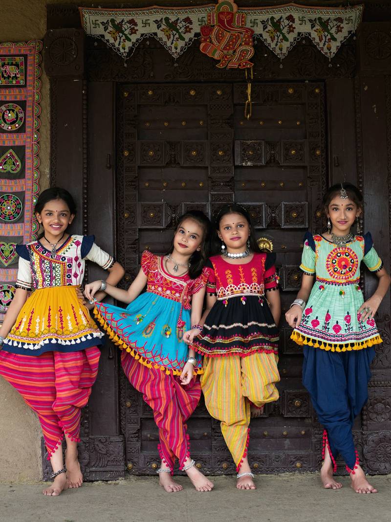 Heavy Embrodiered Yellow Garba Kids Kedia Dhoti set
