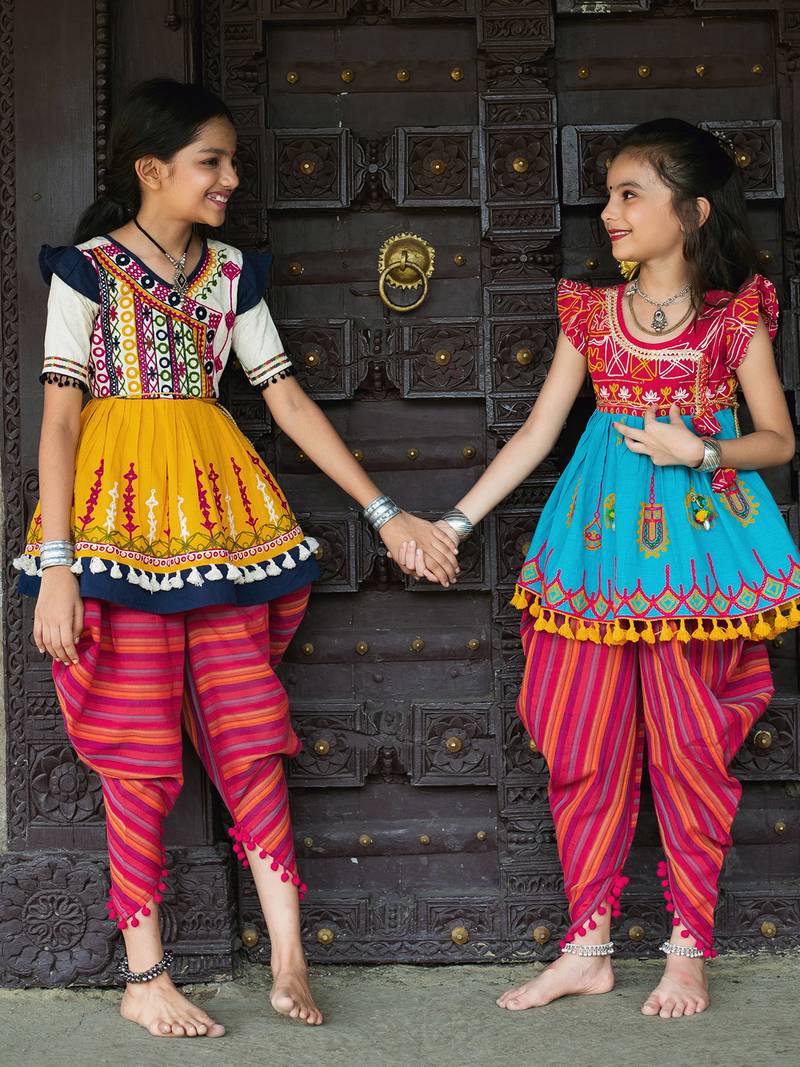Heavy Embrodiered Yellow Garba Kids Kedia Dhoti set