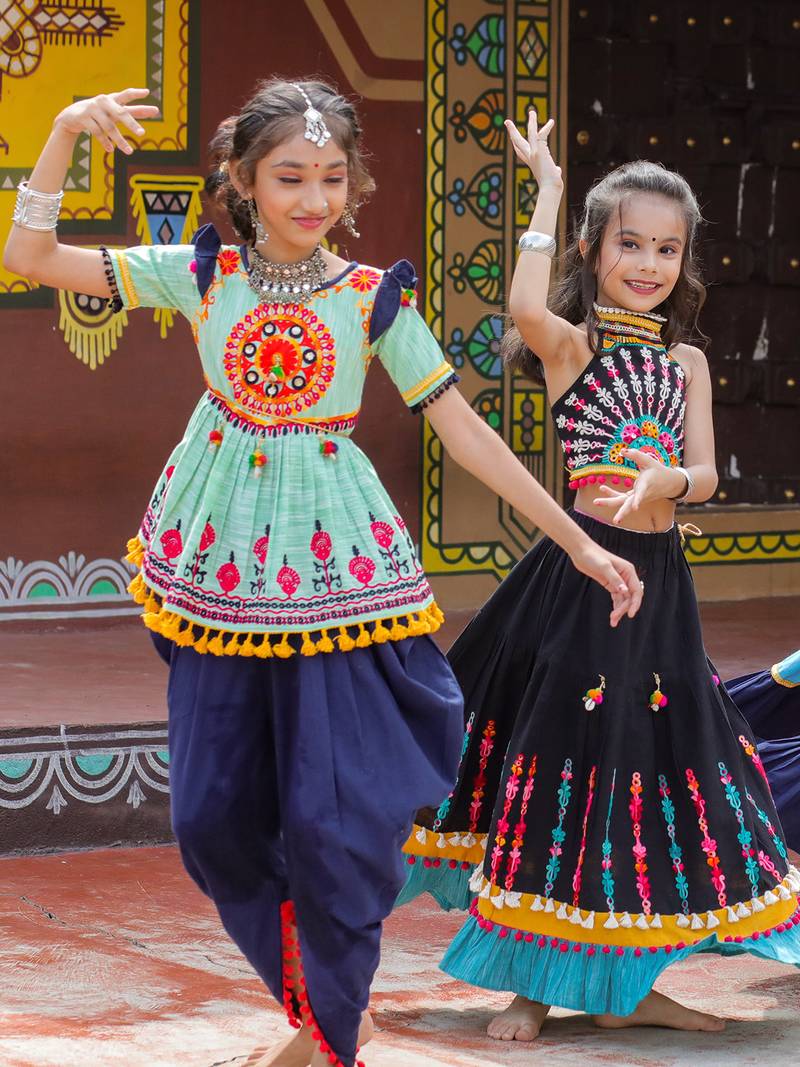 Parrot Green Traditional Embrodiered Kedia Dhoti set for Girls