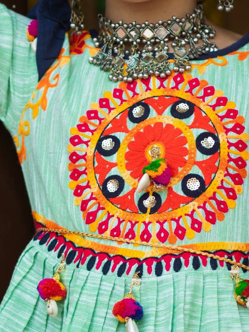 Parrot Green Traditional Embrodiered Kedia Dhoti set for Girls