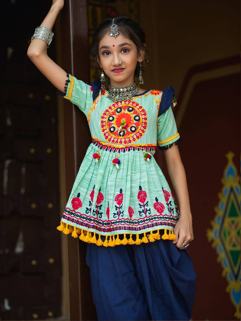 Parrot Green Traditional Embrodiered Kedia Dhoti set for Girls