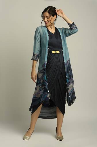 Blue Organza Printed Landscape V Neck Jacket And Draped Dress
