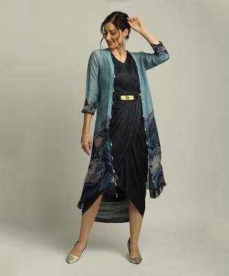 Blue Organza Printed Landscape V Neck Jacket And Draped Dress 1