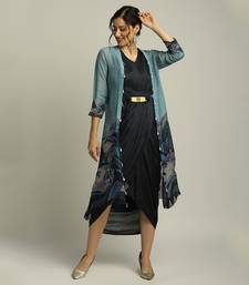 Blue Organza Printed Landscape V Neck Jacket And Draped Dress