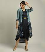 Blue Organza Printed Landscape V Neck Jacket And Draped Dress