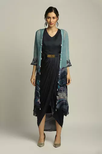 Blue Organza Printed Landscape V Neck Jacket And Draped Dress