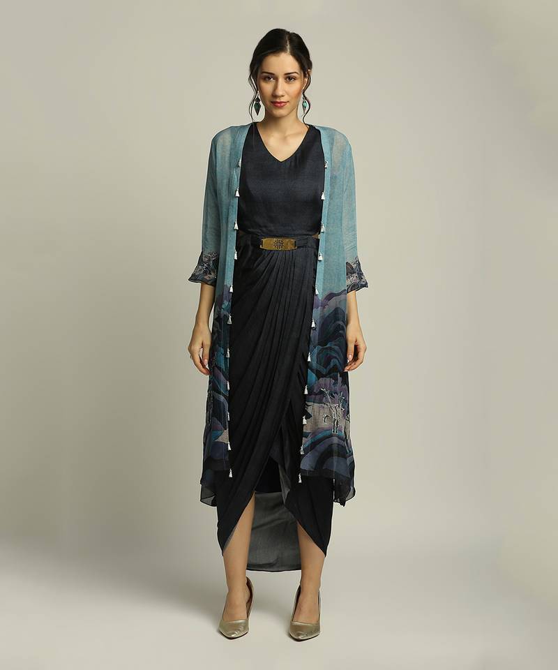 Blue Organza Printed Landscape V Neck Jacket And Draped Dress