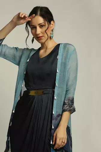 Blue Organza Printed Landscape V Neck Jacket And Draped Dress