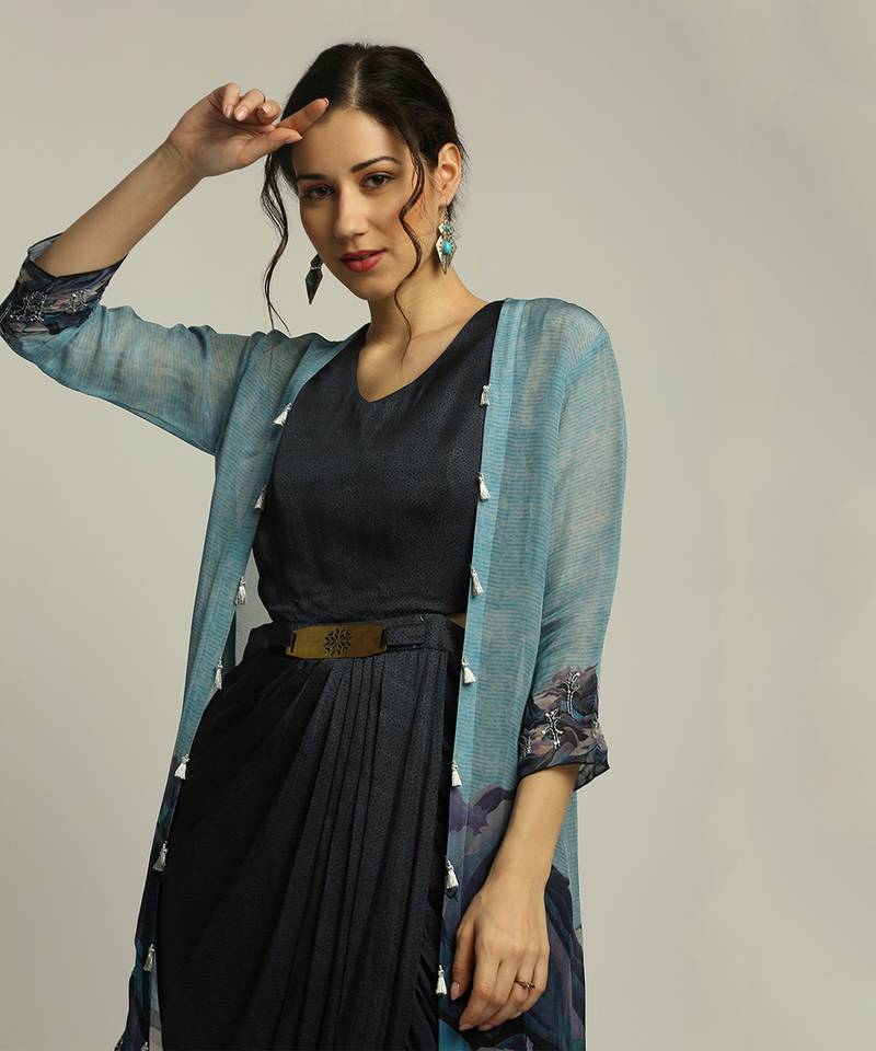 Blue Organza Printed Landscape V Neck Jacket And Draped Dress