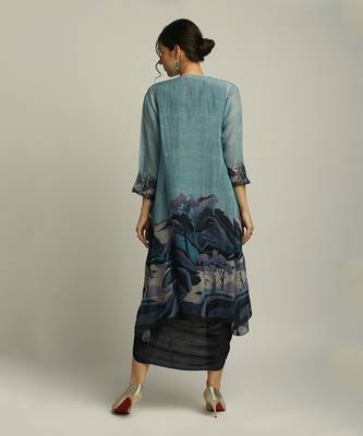 Blue Organza Printed Landscape V Neck Jacket And Draped Dress 4