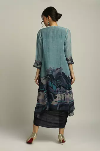 Blue Organza Printed Landscape V Neck Jacket And Draped Dress