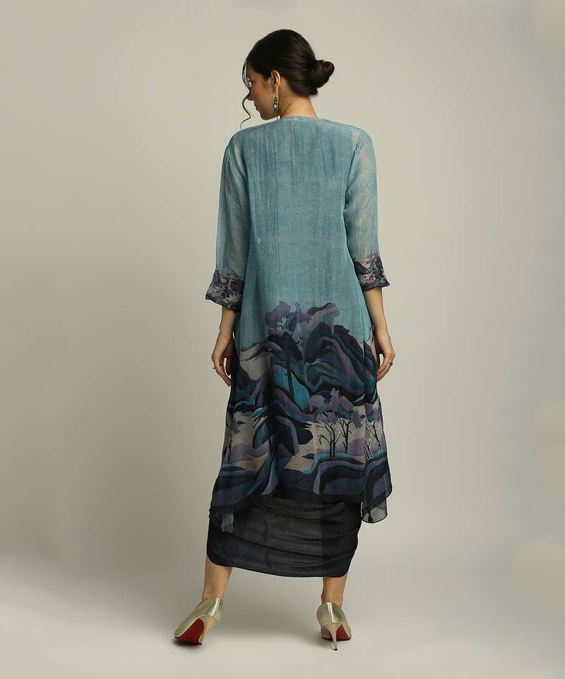 Blue Organza Printed Landscape V Neck Jacket And Draped Dress
