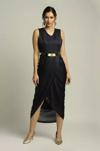 Blue Organza Printed Landscape V Neck Jacket And Draped Dress