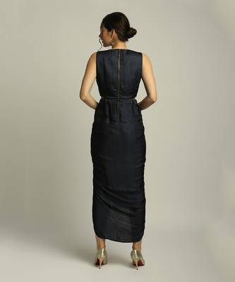 Blue Organza Printed Landscape V Neck Jacket And Draped Dress 6
