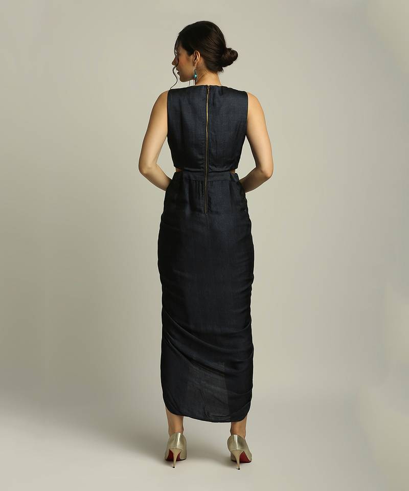 Blue Organza Printed Landscape V Neck Jacket And Draped Dress