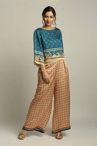 Peach Teal blue Orchid bloom printed co-ord set