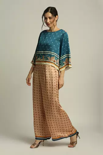Peach Teal blue Orchid bloom printed co-ord set