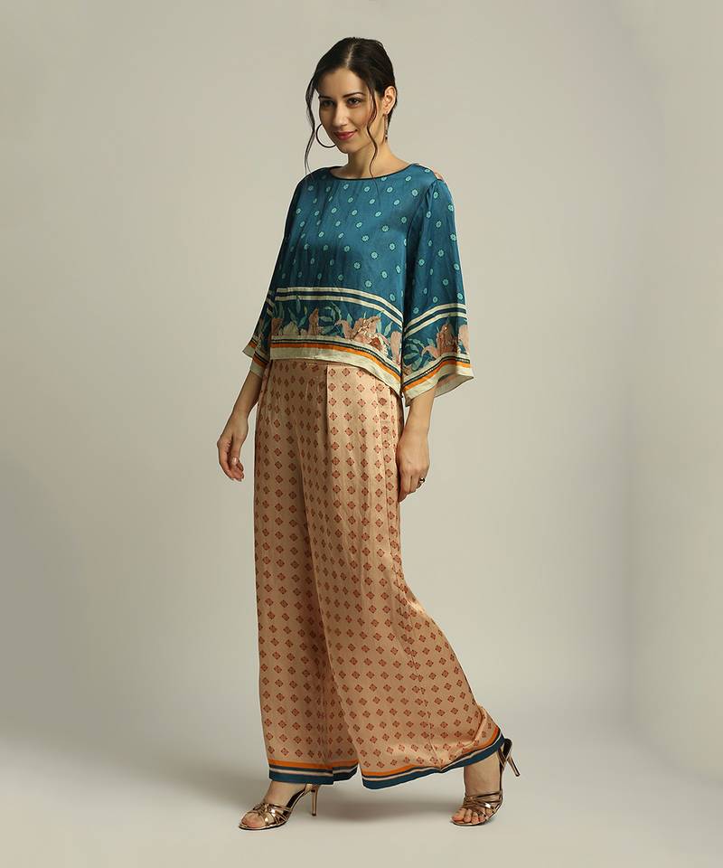 Peach Teal blue Orchid bloom printed co-ord set