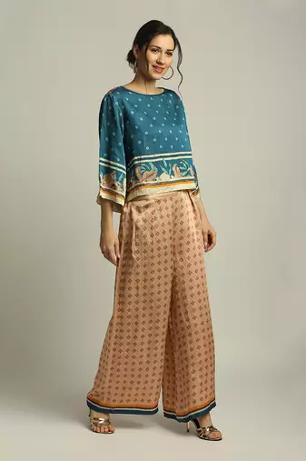 Peach Teal blue Orchid bloom printed co-ord set
