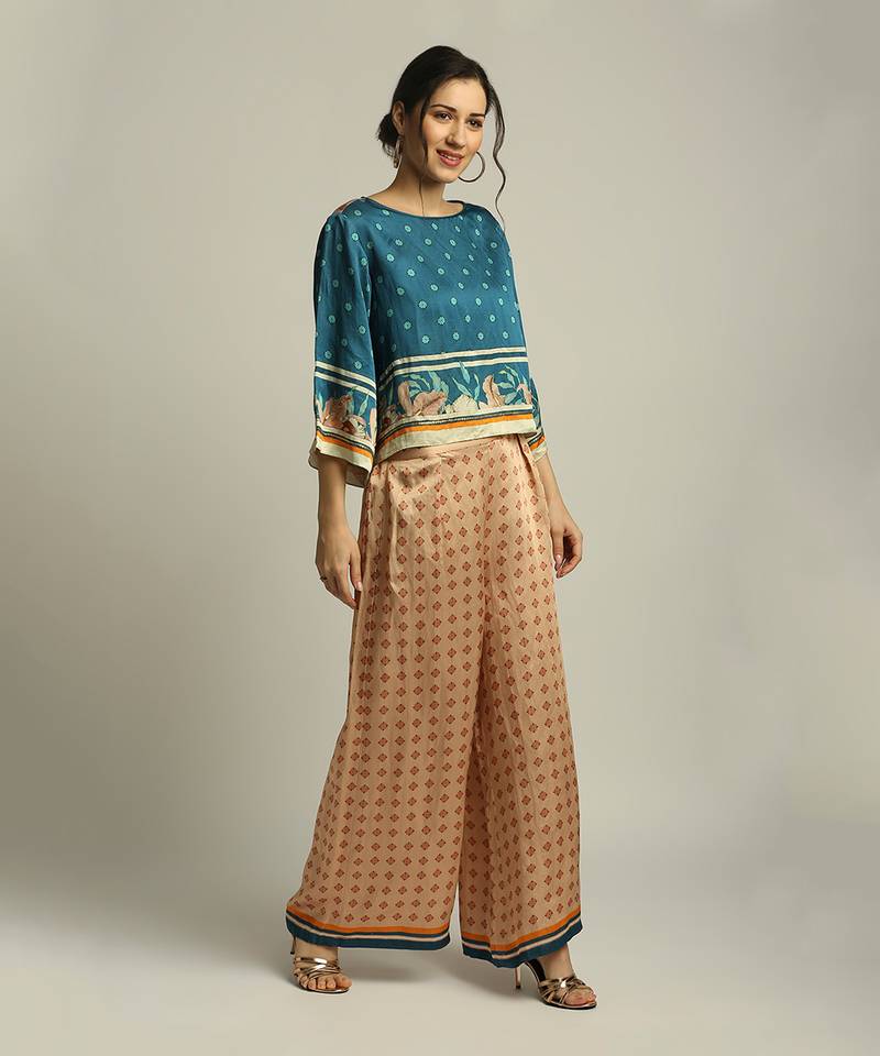 Peach Teal blue Orchid bloom printed co-ord set