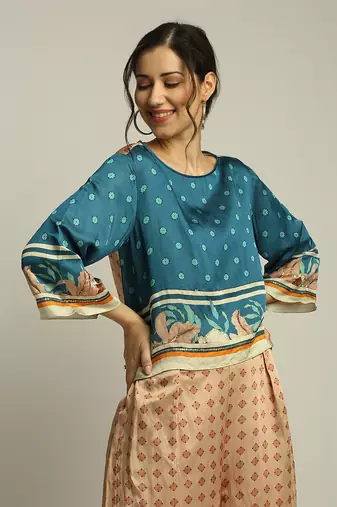 Peach Teal blue Orchid bloom printed co-ord set