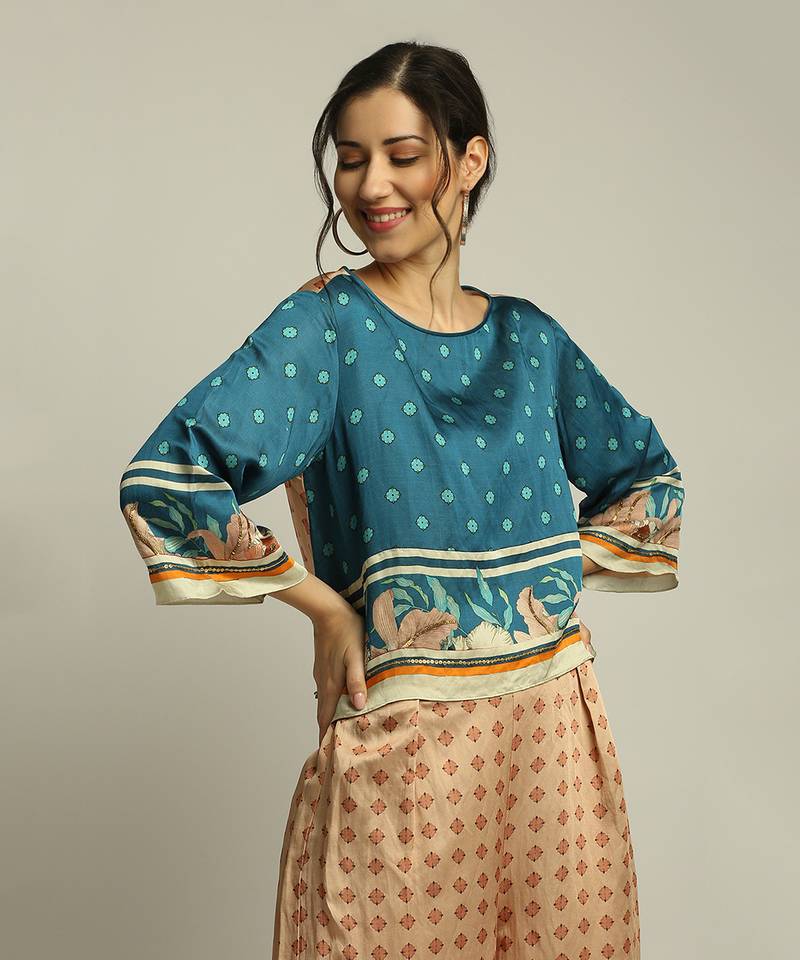 Peach Teal blue Orchid bloom printed co-ord set