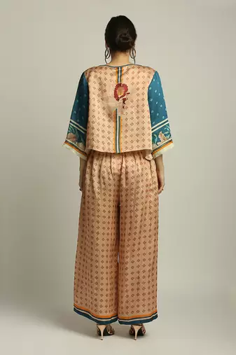 Peach Teal blue Orchid bloom printed co-ord set