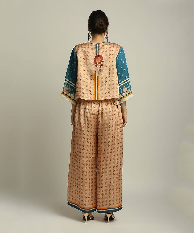 Peach Teal blue Orchid bloom printed co-ord set