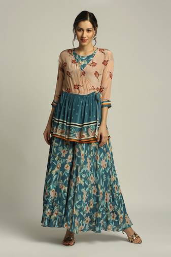 Teal blue Peach Orchid bloom printed jumpsuit with overlaped jacket