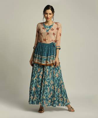 Teal blue Peach Orchid bloom printed jumpsuit with overlaped jacket 1