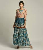 Teal blue Peach Orchid bloom printed jumpsuit with overlaped jacket