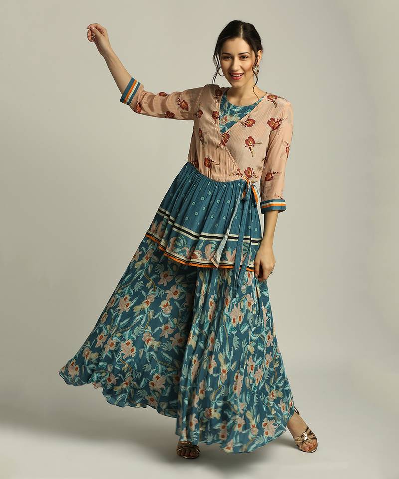 Teal blue Peach Orchid bloom printed jumpsuit with overlaped jacket