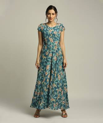 Teal blue Peach Orchid bloom printed jumpsuit with overlaped jacket 3