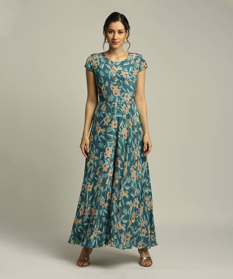 Teal blue Peach Orchid bloom printed jumpsuit with overlaped jacket