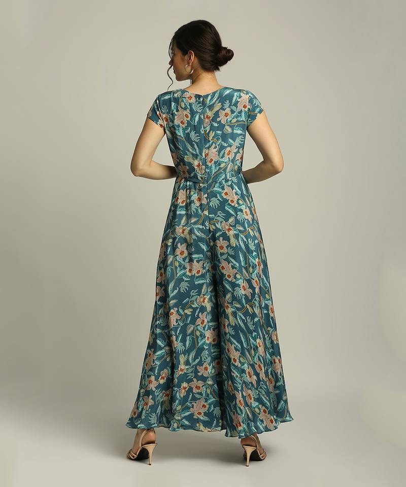 Teal blue Peach Orchid bloom printed jumpsuit with overlaped jacket
