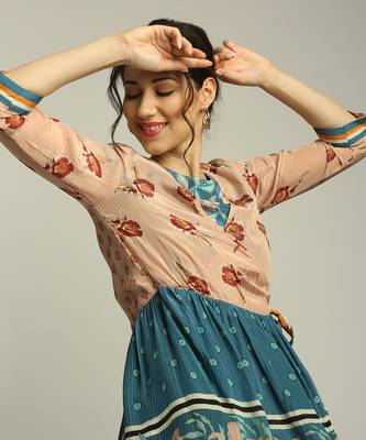 Teal blue Peach Orchid bloom printed jumpsuit with overlaped jacket 5