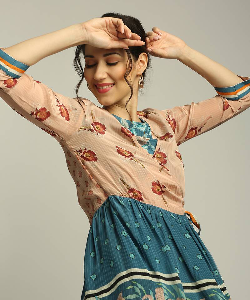 Teal blue Peach Orchid bloom printed jumpsuit with overlaped jacket