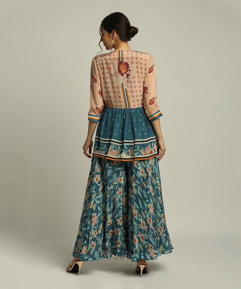 Teal blue Peach Orchid bloom printed jumpsuit with overlaped jacket