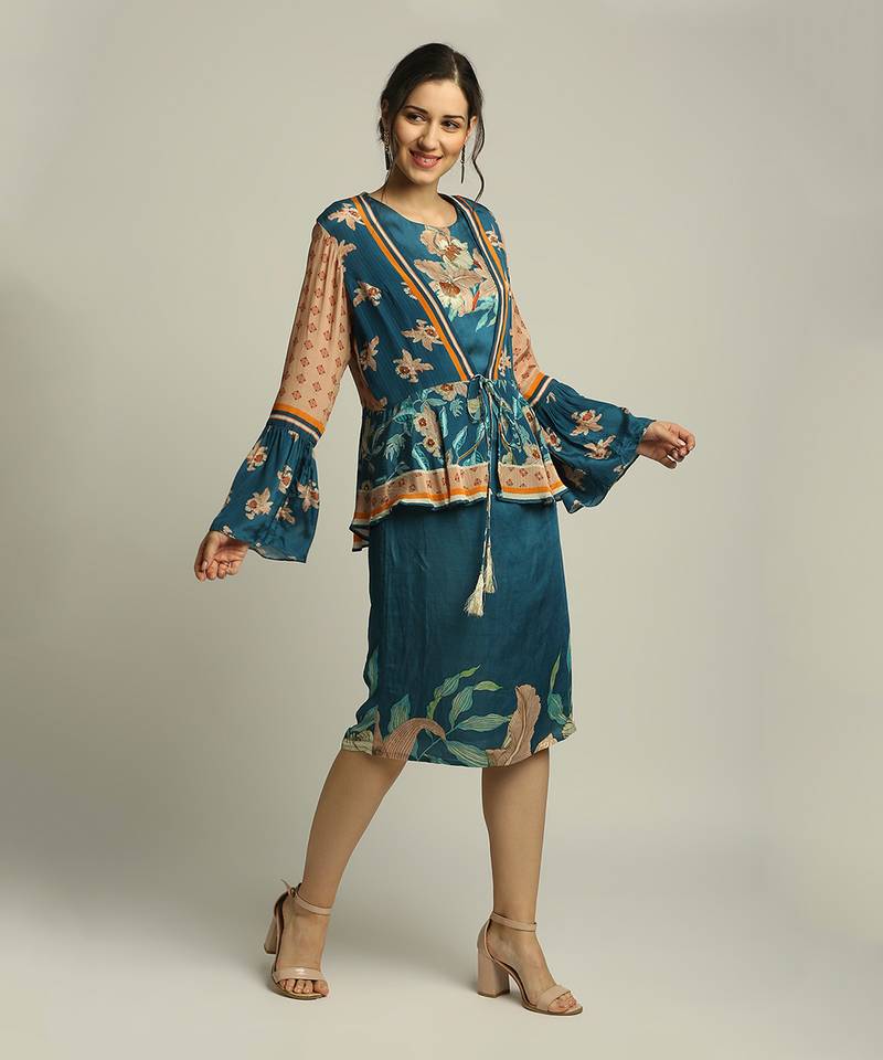 Teal Blue Peach orchid Bloom Printed Dress With Peplum Jacket