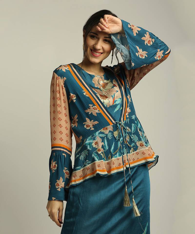 Teal Blue Peach orchid Bloom Printed Dress With Peplum Jacket