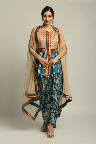 Peach Teal Blue orchid Bloom Printed Pant Set With Cape