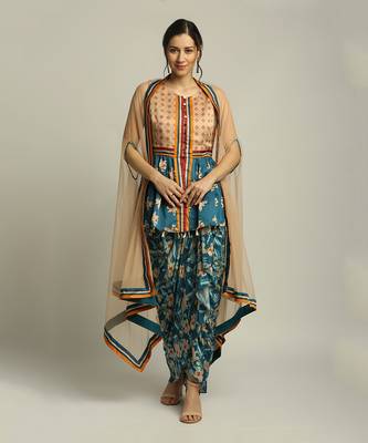 Peach Teal Blue orchid Bloom Printed Pant Set With Cape 1