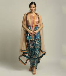 Peach Teal Blue orchid Bloom Printed Pant Set With Cape