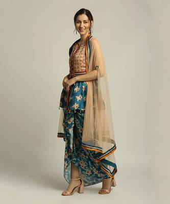 Peach Teal Blue orchid Bloom Printed Pant Set With Cape 2