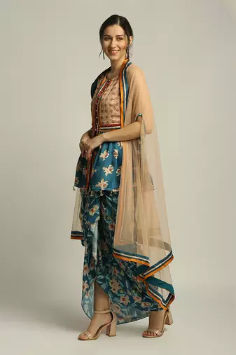 Peach Teal Blue orchid Bloom Printed Pant Set With Cape