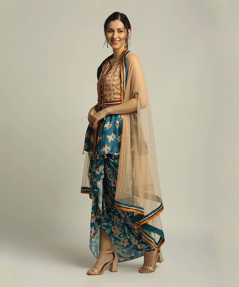 Peach Teal Blue orchid Bloom Printed Pant Set With Cape