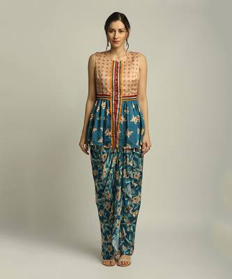 Peach Teal Blue orchid Bloom Printed Pant Set With Cape 3